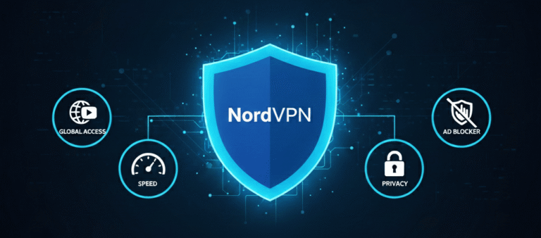 Illustration representing online privacy and security, featuring a shield and encrypted connection icons alongside NordVPN branding, conveying protection of personal data and safe internet usage in the context of a comprehensive NordVPN review.